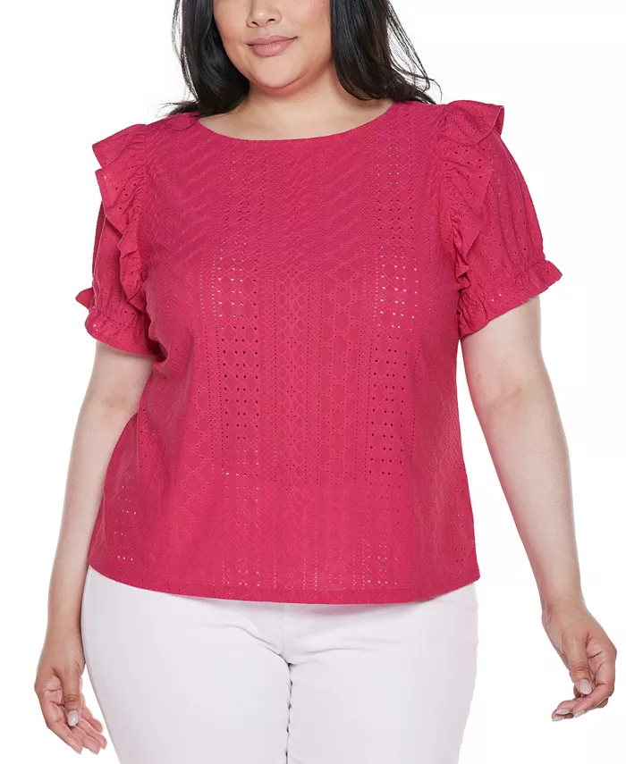 

Топ с рукавами-рюшами и ажурной вязкой Plus Size Belldini, розовый