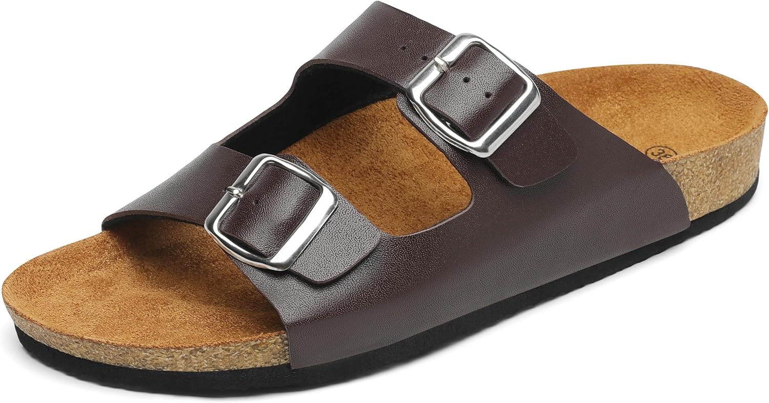 

Сандалии Mishansha для мужчин и женщин с амортизирующей стелькой, удобные с открытым носком и двойной пряжкой, плоские шлепанцы, коричневый