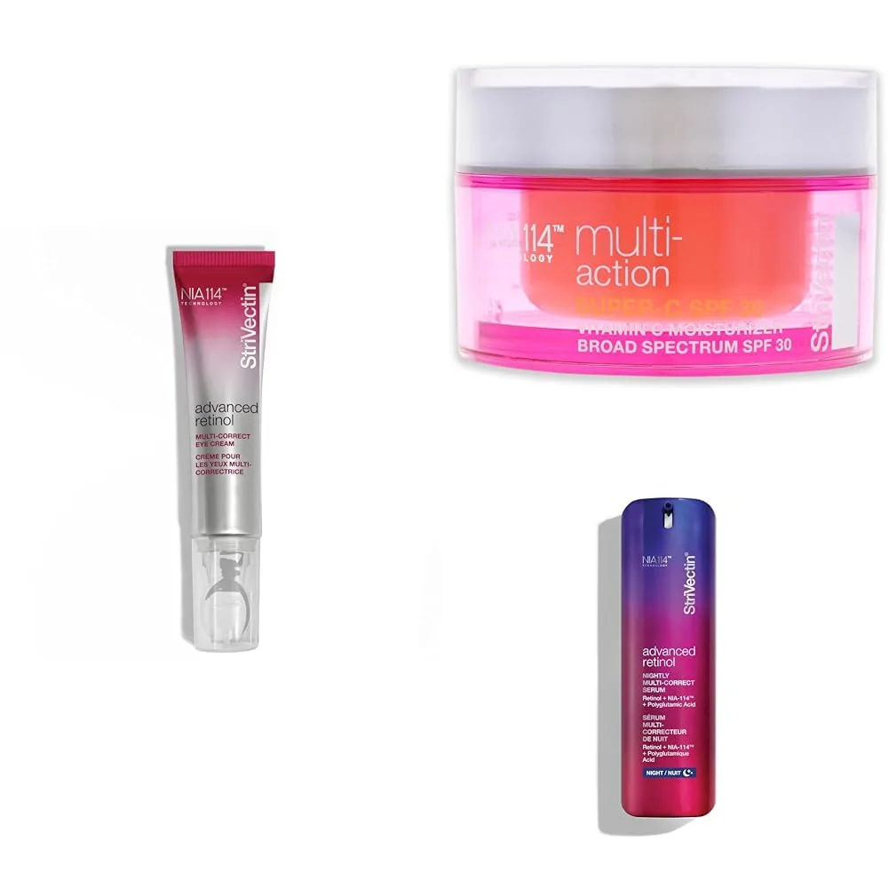Крем для глаз StriVectin Advanced Retinol Multi-Correct, увлажняющий крем Multi-Action Super-C SPF 30 с витамином С и ночная сыворотка Advanced Retinol Multi-Correct