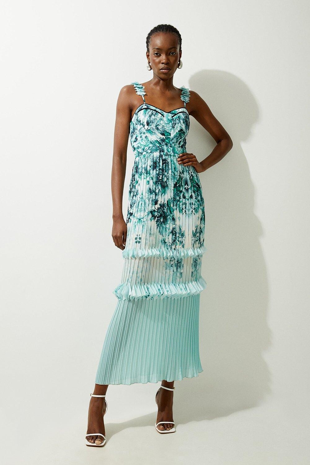 

Тканое платье миди с цветочными складками и бретелями Karen Millen, зеленый, Серый, Тканое платье миди с цветочными складками и бретелями Karen Millen, зеленый