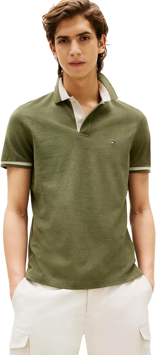 

Мужские повседневные рубашки-поло Tommy Hilfiger с коротким рукавом, классического кроя, с эластичным воротником и контрастным рисунком, Battle Green Heather, Зеленый, Мужские повседневные рубашки-поло Tommy Hilfiger с коротким рукавом, классического кроя