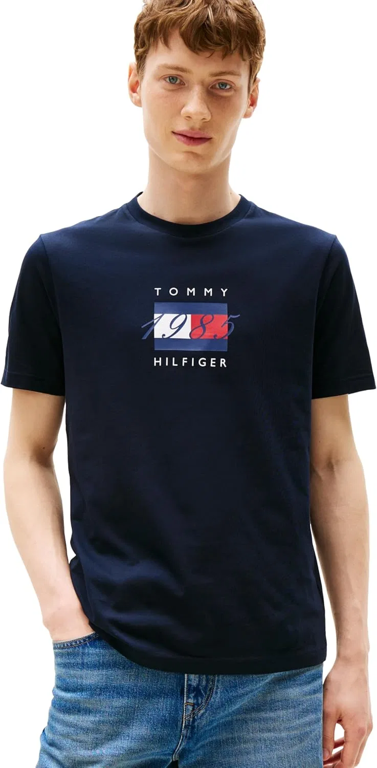 Мужская хлопковая футболка с коротким рукавом Tommy Hilfiger с графическим принтом в виде линейного флага
