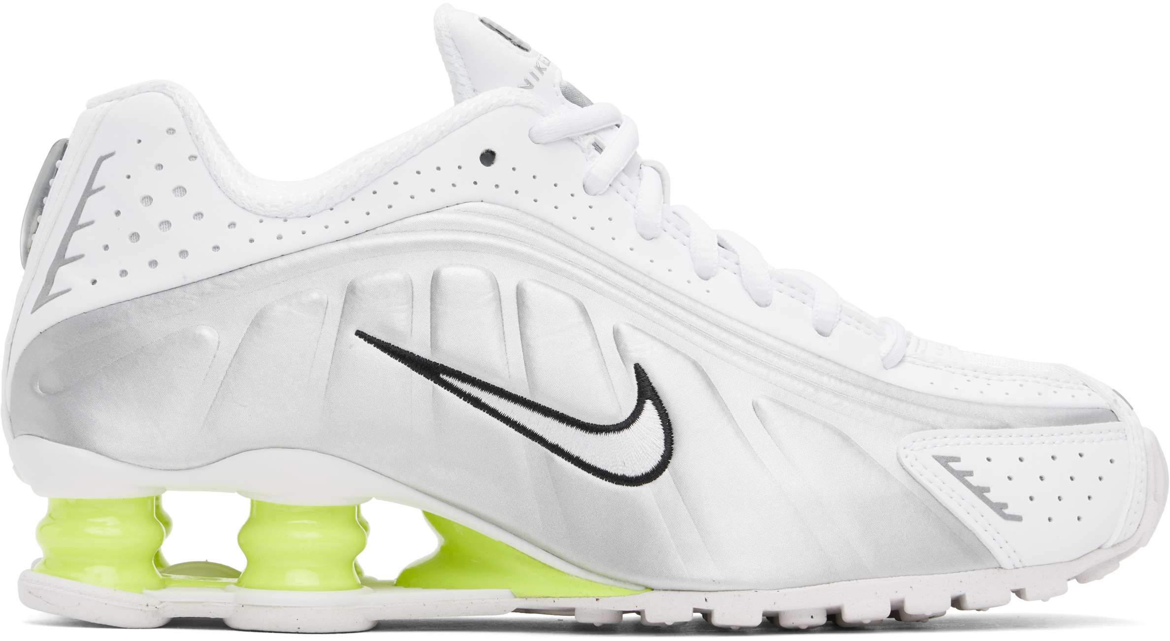 Белые и серебристые кроссовки Shox R4 Nike, White/Metallic silver/Volt/White