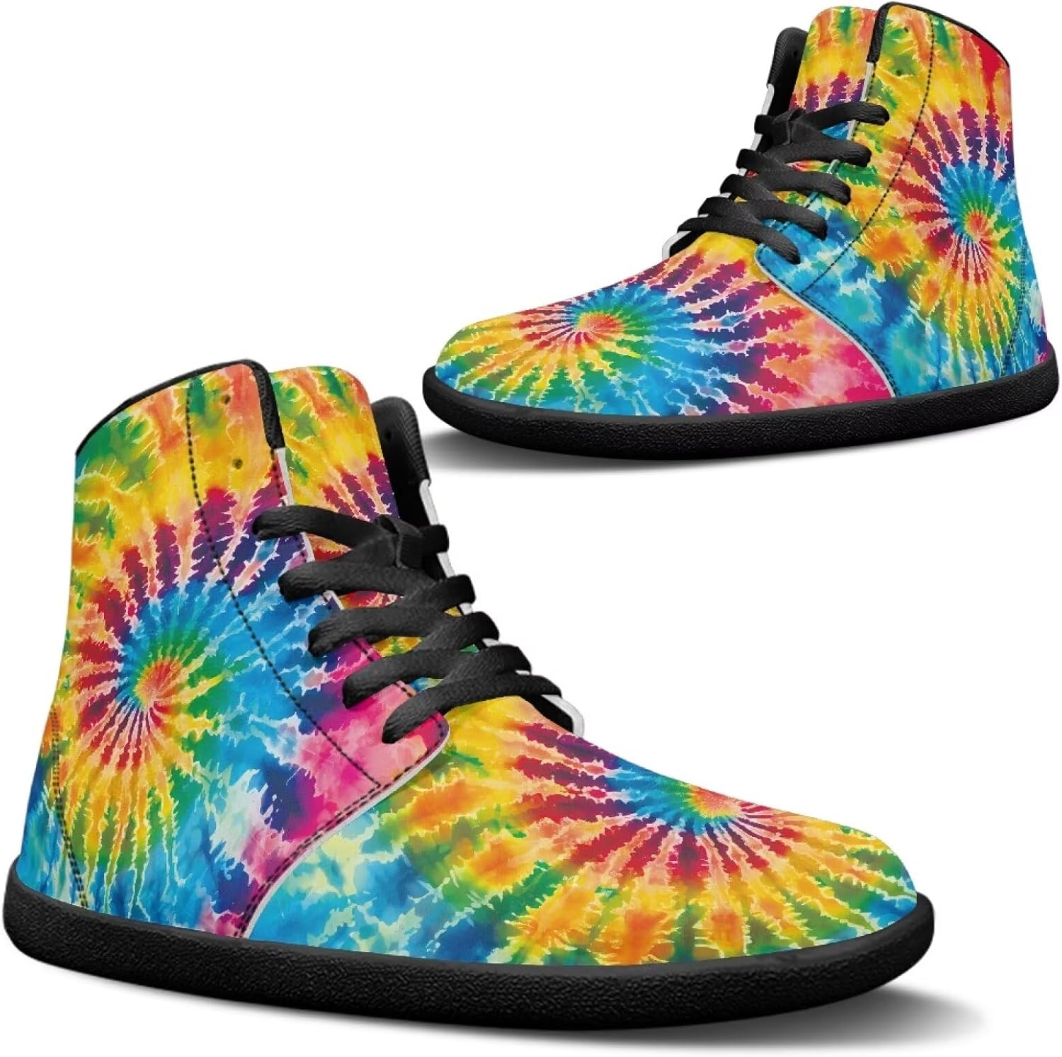 

Унисекс высокие кеды из ПУ-кожи для повседневной носки, шнуровка, нескользящие, стиль barefoot Goronwyfloyd, Rainbow Tie Dye