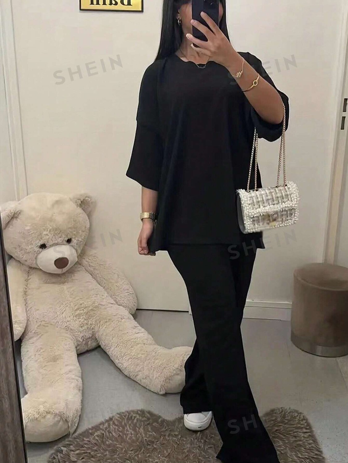 

Essnce Plus Size Женский комплект однотонного цвета, простой комплект из двух предметов Shein, черный