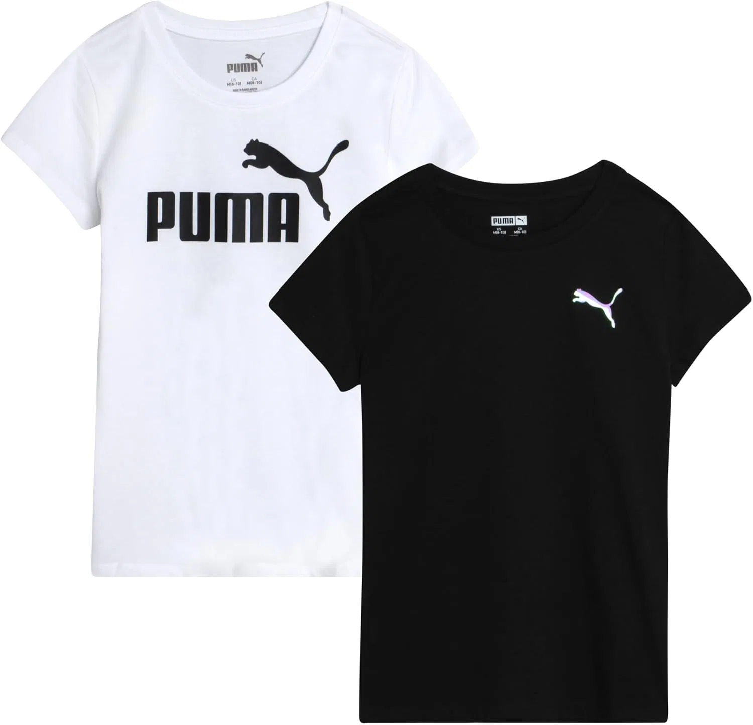 Футболки для девочек, 2 шт., PUMA, короткий рукав, логотип, белый/черный, S-XL