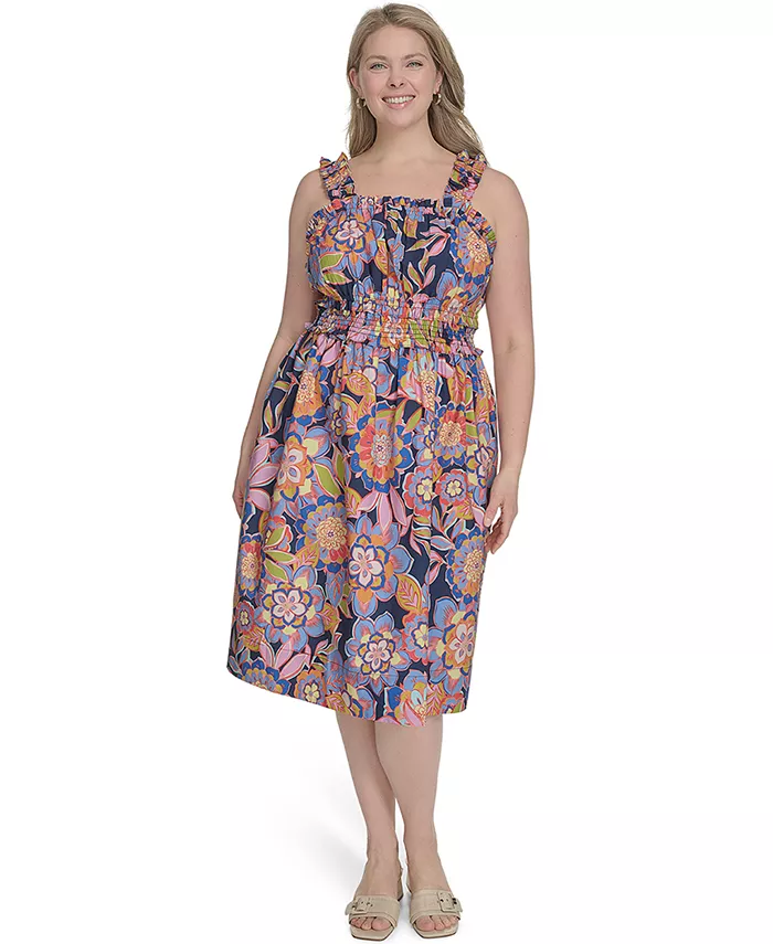 

Платье миди из хлопка больших размеров с цветочным принтом и присборенной талией Eliza J, мультиколор