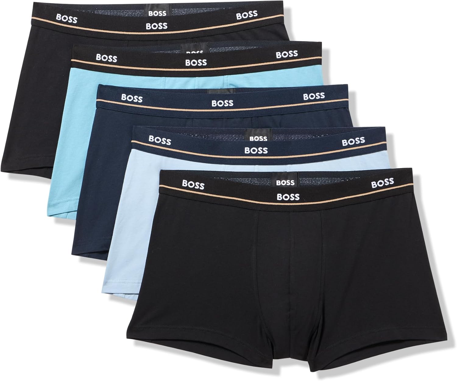 

Комплект из 5 мужских хлопковых трусов-боксеров BOSS с ярким логотипом, Forever Blue/Ballad Blue/Black/Navy/Black