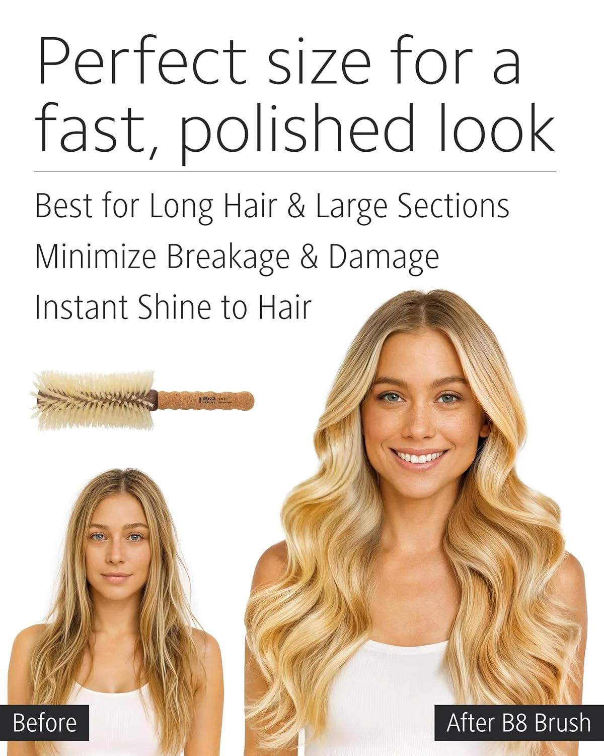 Круглая щетка для волос Ibiza Hair с щетиной из кабаньей щетины (серия B) | Светлая щетина, пробковая ручка | Идеально подходит для окрашенных и тонких волос | Придает текстуру и блеск B8, 70 мм — фото 4