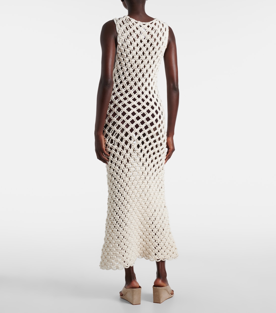 Платье макси из смесового хлопка ажурной вязки Alaïa, Blanc Naturel — фото 3