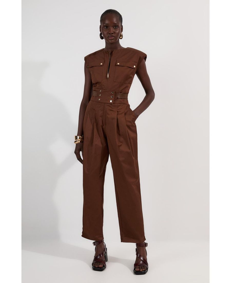 

Женский комбинезон в стиле милитари из хлопка и искусственной кожи Karen Millen, Chocolate