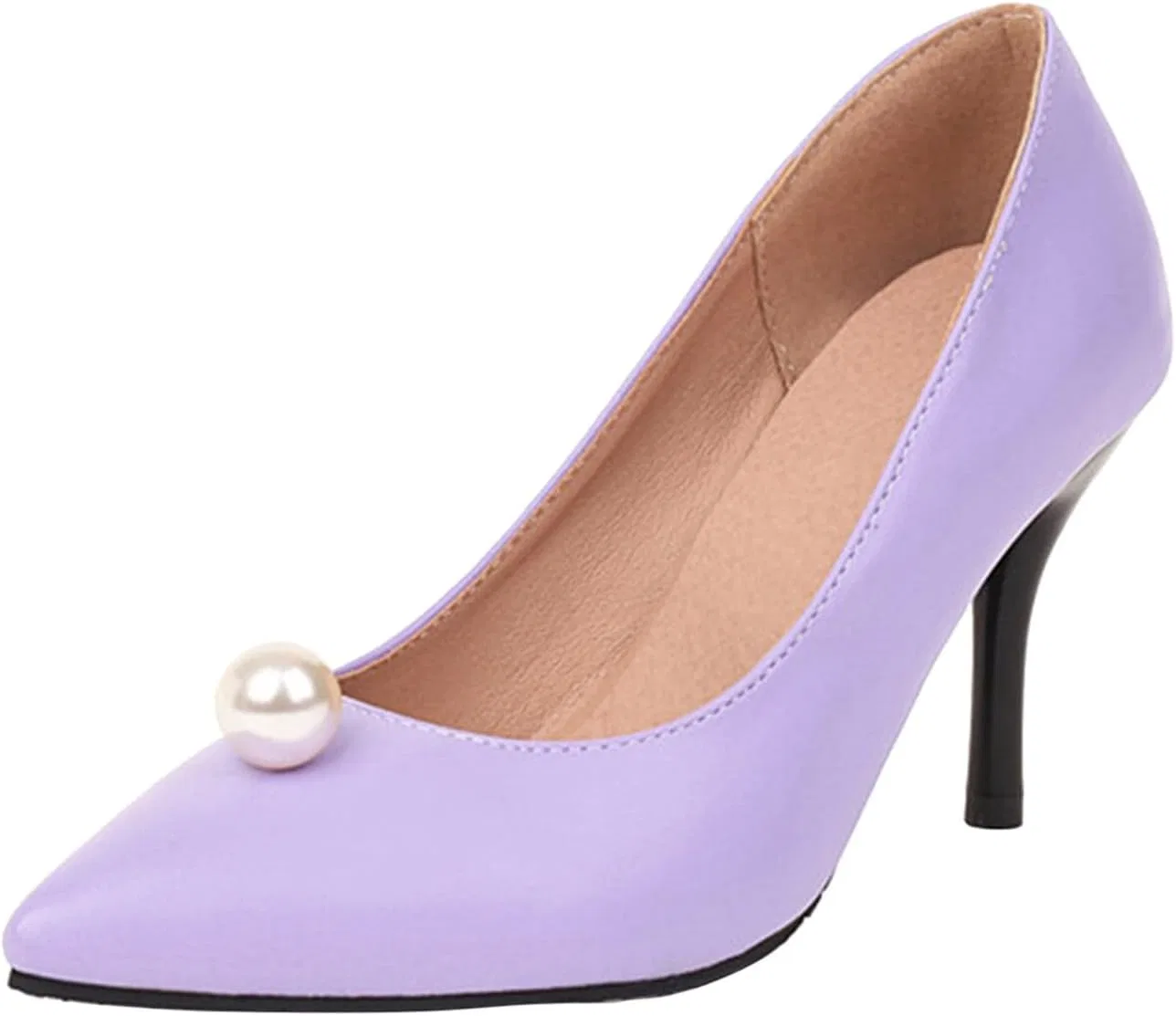 Шлепанцы с блестками Feste Farben Leder Perle Dekoration Spitzer Zeh Dünne Высокий каблук lässige Einzelschuhe Weitfit Hochzeitsschuhe Generic, Purple