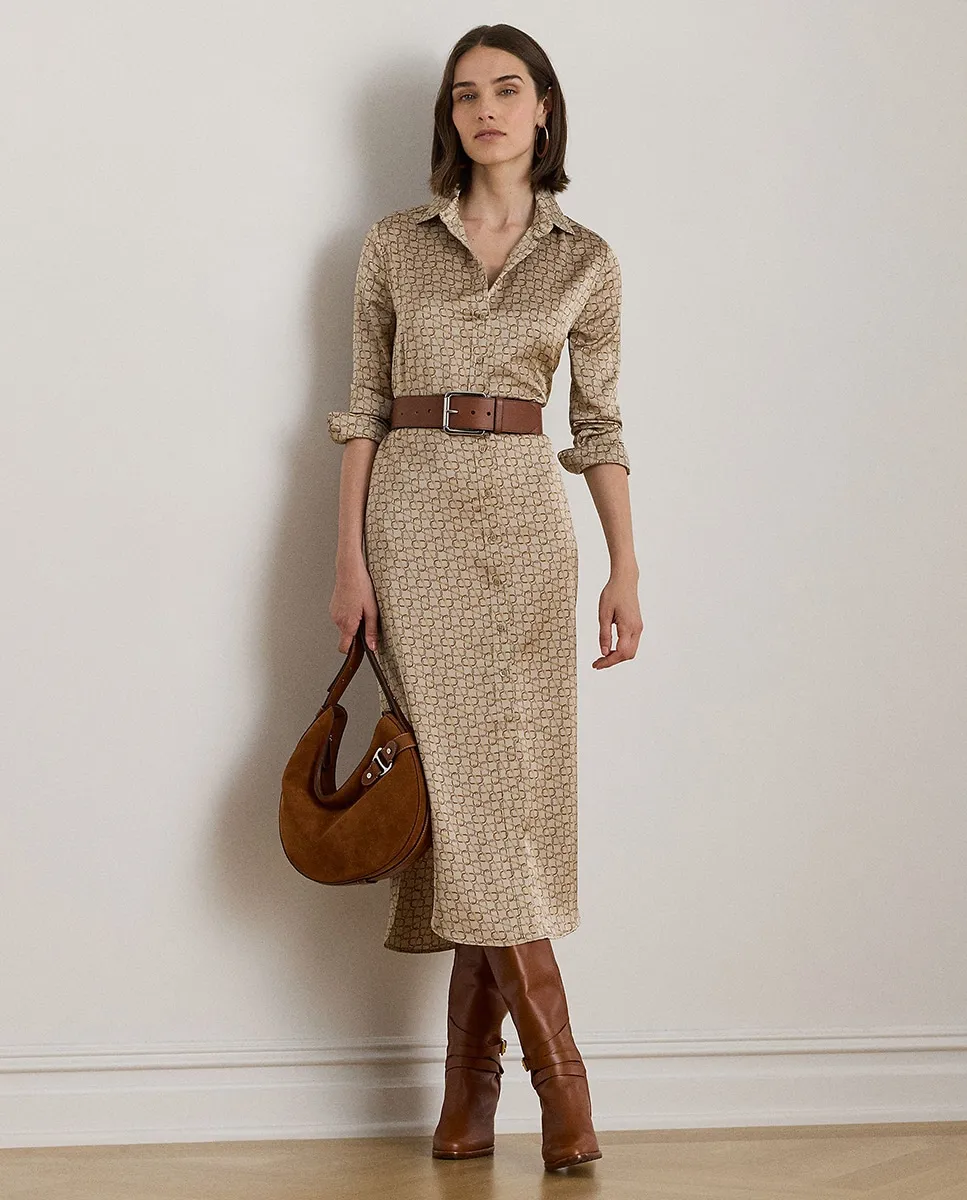 

Платье-рубашка из атласа с поясом Lauren Ralph Lauren, бежевый