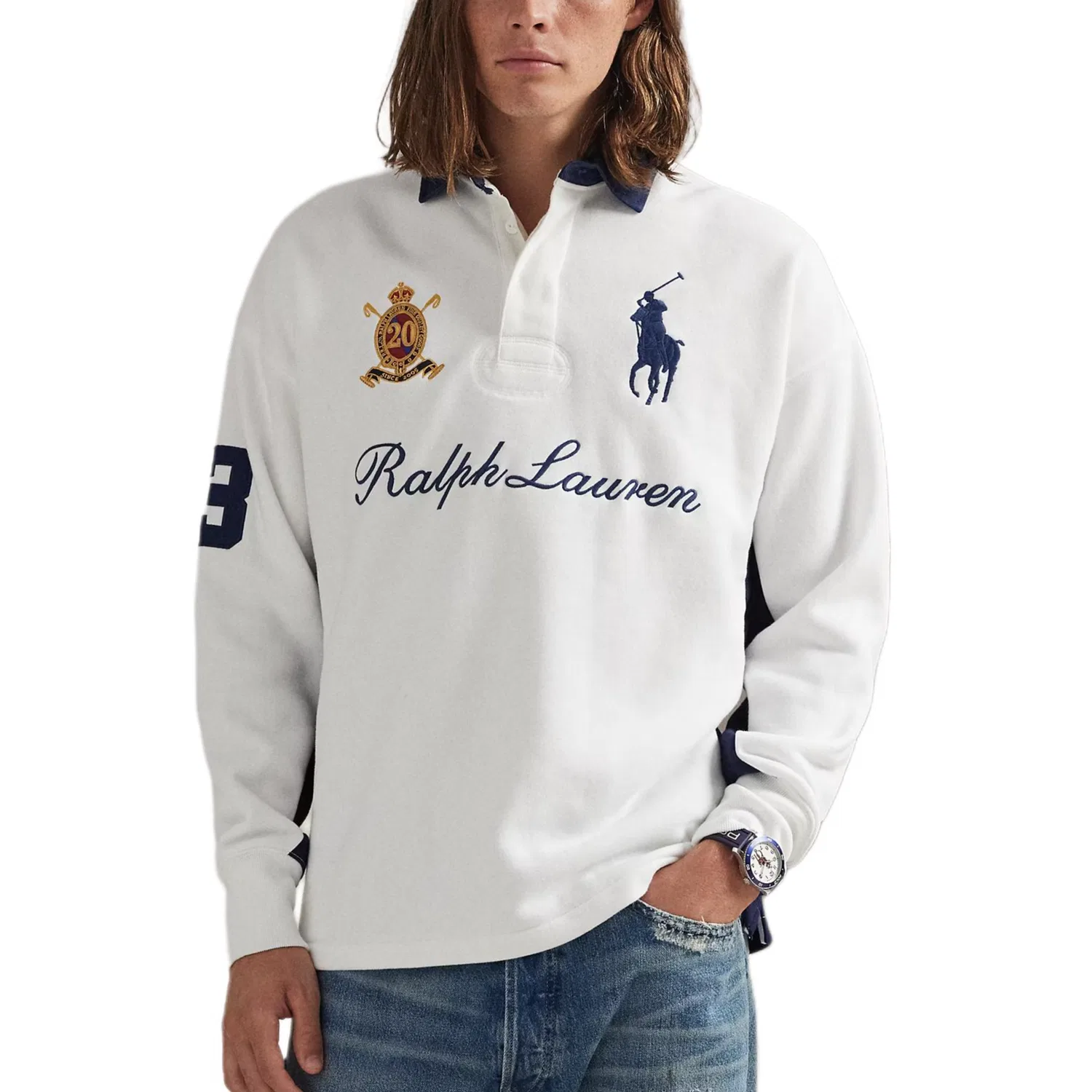Лонгслив-поло с воротником-стойкой в стиле регби Polo Ralph Lauren, White — фото 3