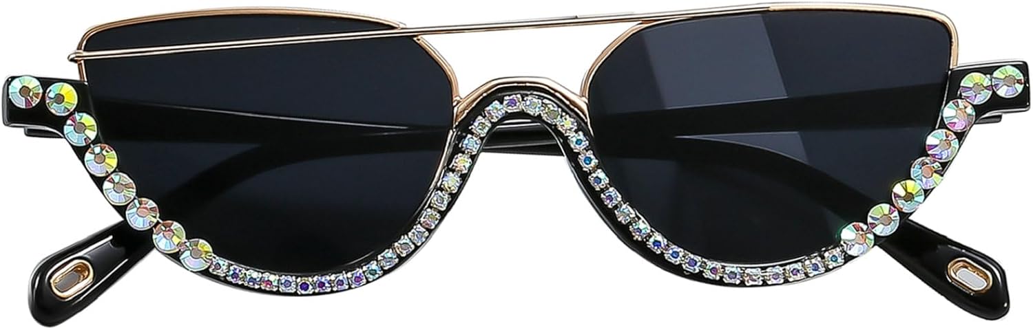 

Роскошные солнцезащитные очки с кристаллами для женщин, модные, сверкающие, в полуободковой оправе, «кошачий глаз», с бриллиантами, блестящие, с кристаллами mincl, Black