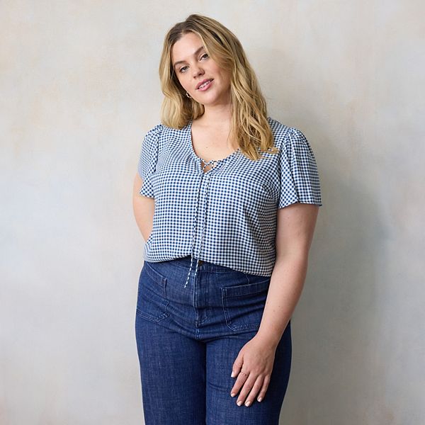 

Блузка Plus size с V-образным вырезом, короткими рукавами и завязками Lc Lauren Conrad, Navy Lively Gingham
