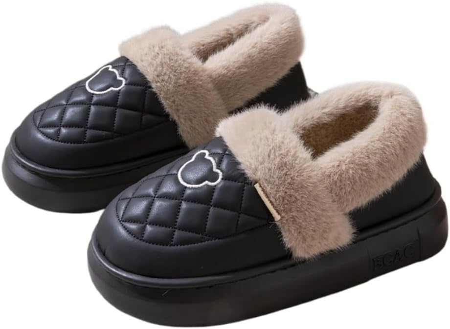 

Мужские домашние тапочки Premium Comfort из термо-кожи с отделкой под медведя, противоскользящие, мягкие и теплые с пушистым материалом и амортизирующей подошвой Generic, черный