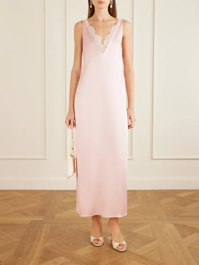 Атласное платье миди, отороченное кружевом STELLA MCCARTNEY, розовый — фото 2