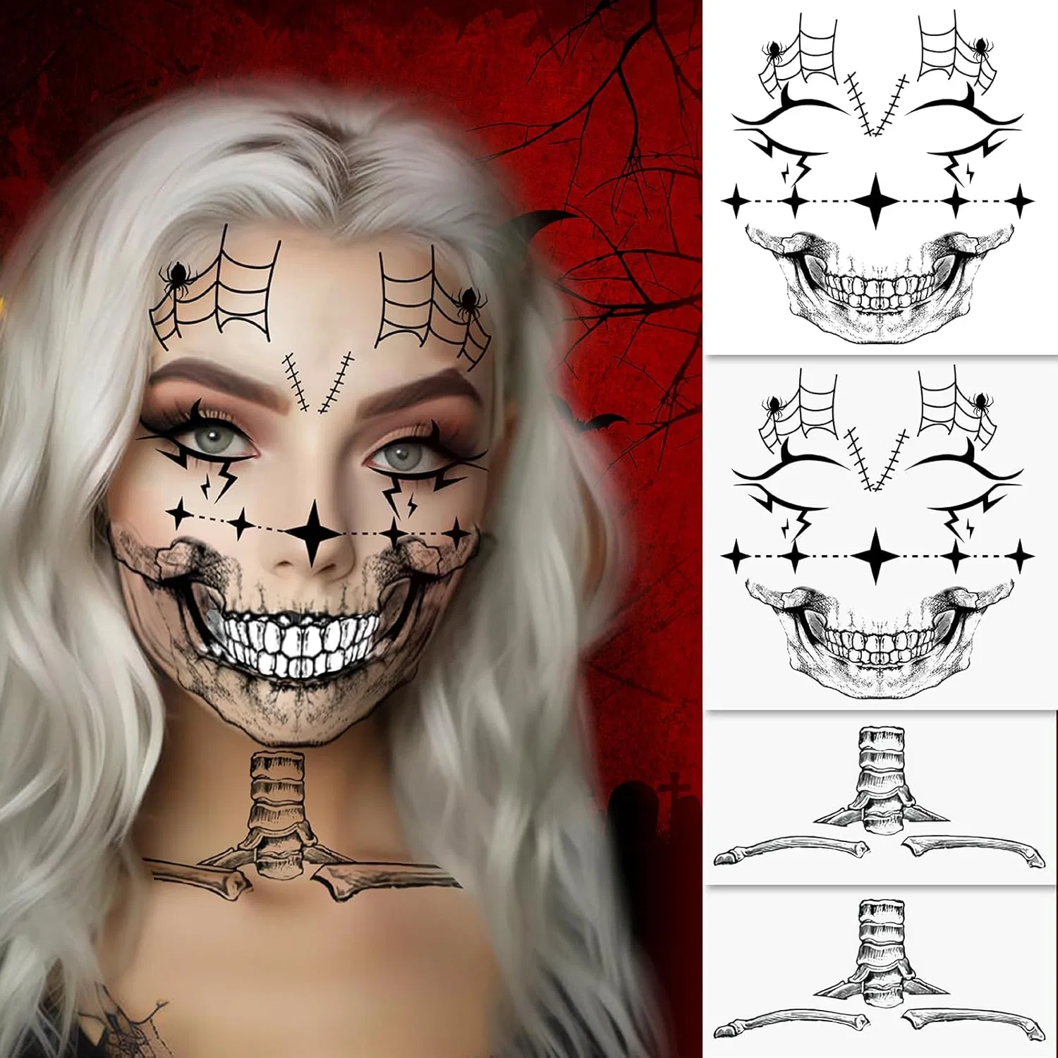 Временные татуировки для лица на Хэллоуин Cybione, Black Skeleton