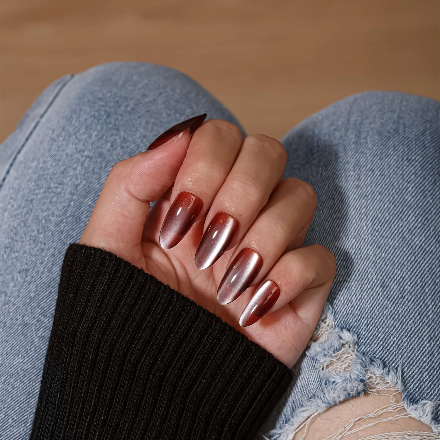 Накладные ногти KQueenest Soft Gel Cat Eye с клеем, коричневые Kqueenest, Glittery Brown — фото 3