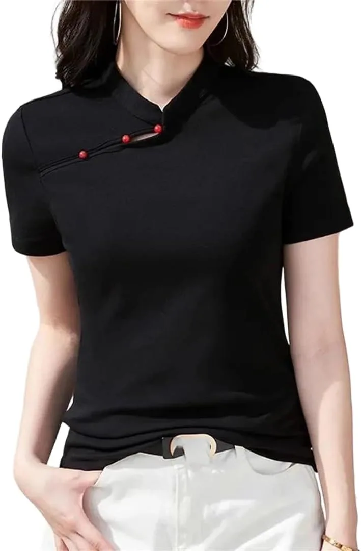 

Женская футболка с воротником-стойкой, китайский стиль, розовая, хлопок, плюс сайз