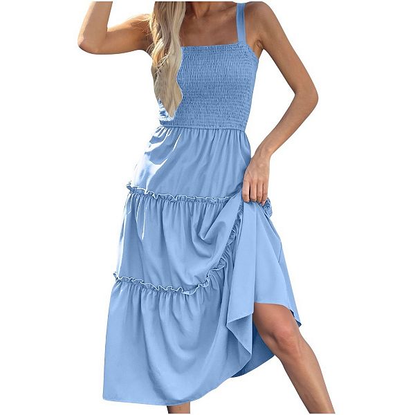 

Женское платье без рукавов с высокой талией и многослойной рюшей Boddysize, Light Blue