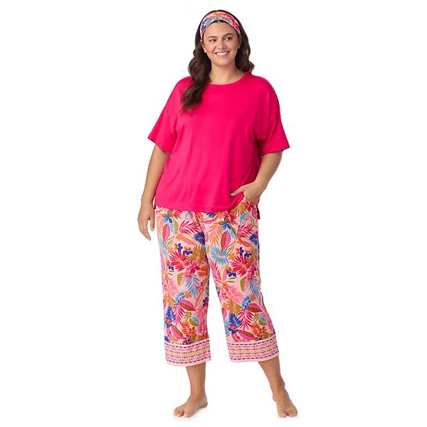

Пижамный комплект Plus size с коротким рукавом и капри Cuddl Duds, Pink Tropical Border
