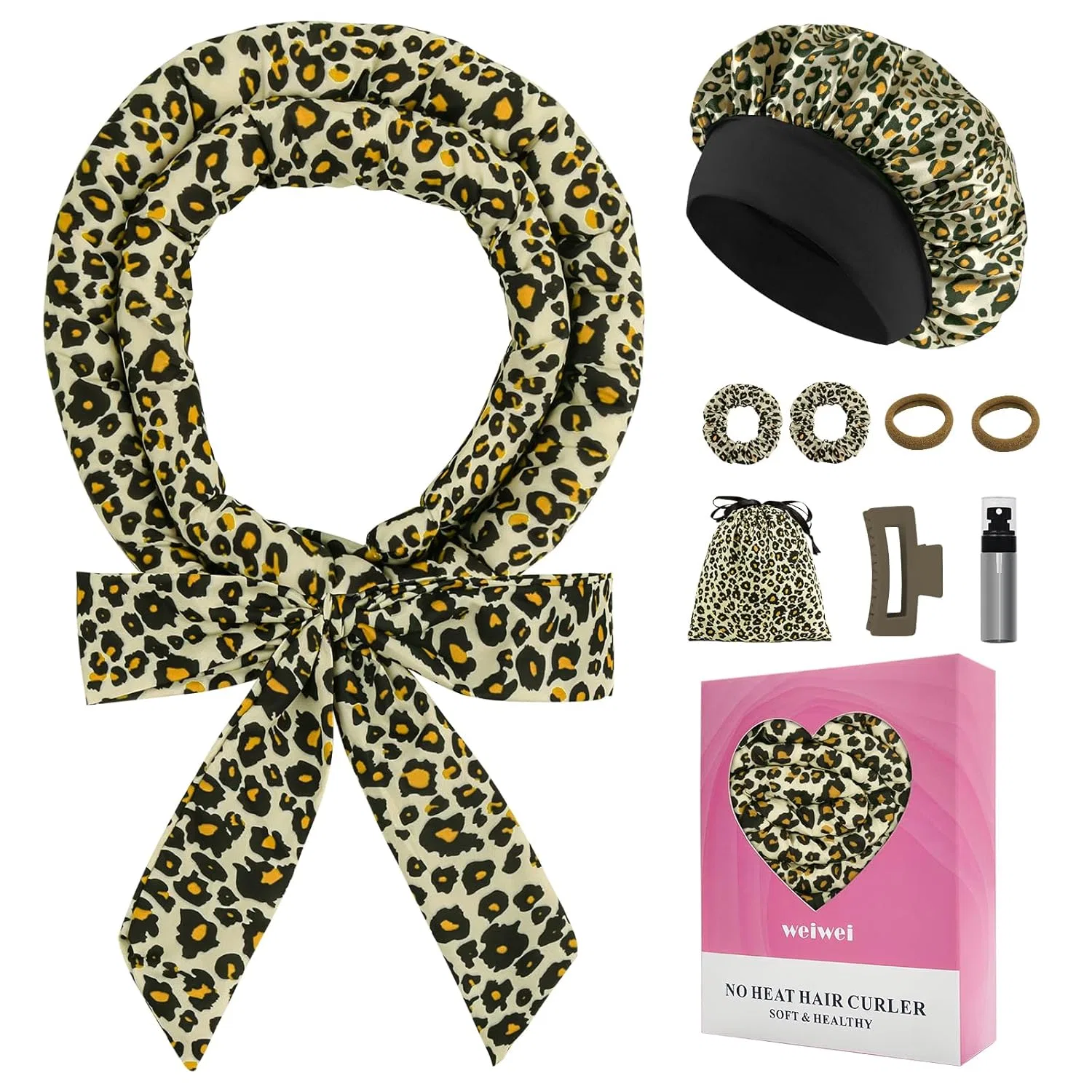 Набор для завивки волос без нагрева из сатина Baolivi, Yellow Leopard