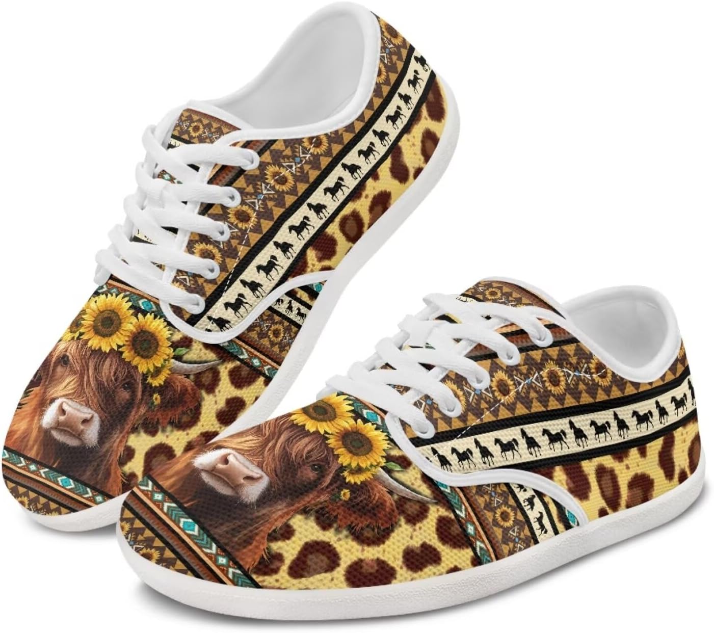 

Кроссовки chaqlin с рисунком коровы для женщин и мужчин, широким круглым носком, теннисные кроссовки, противоскользящие, без перепада, на шнуровке, низкие, Highland Cow Boho Stripes