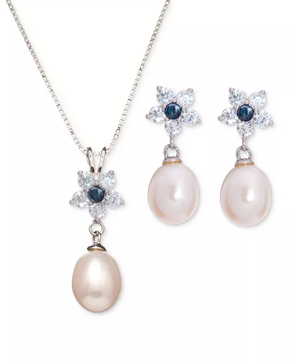 

Ожерелье и серьги-подвески из искусственного пресноводного жемчуга барокко (9x7 мм), сапфира (1/3 карата) и кубического циркония в форме цветка, выполненные из стерлингового серебра. Macy'S, silver