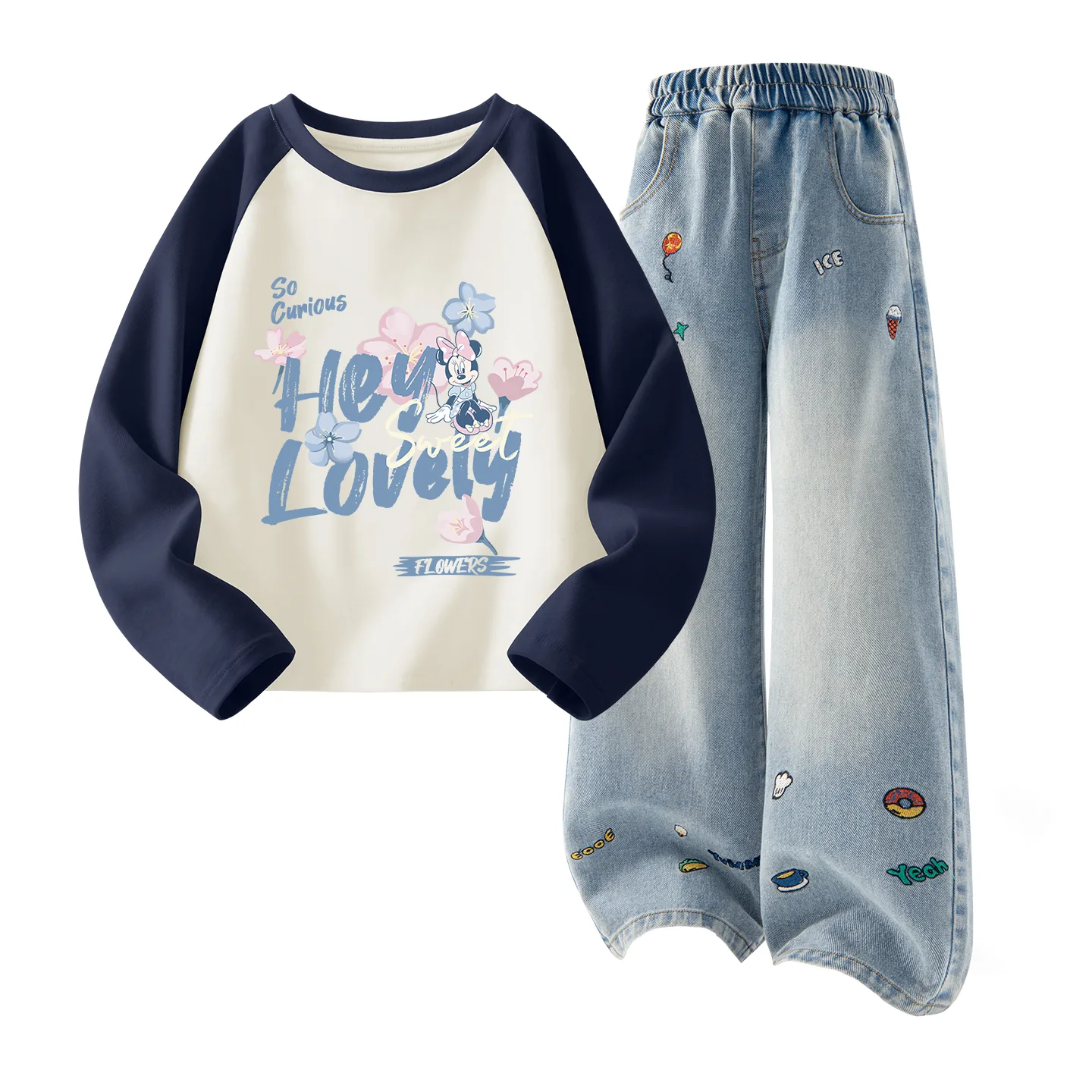 Детская повседневная спортивная футболка с круглым вырезом Disney, Di Light Denim Blue+Solid Color Denim Blue