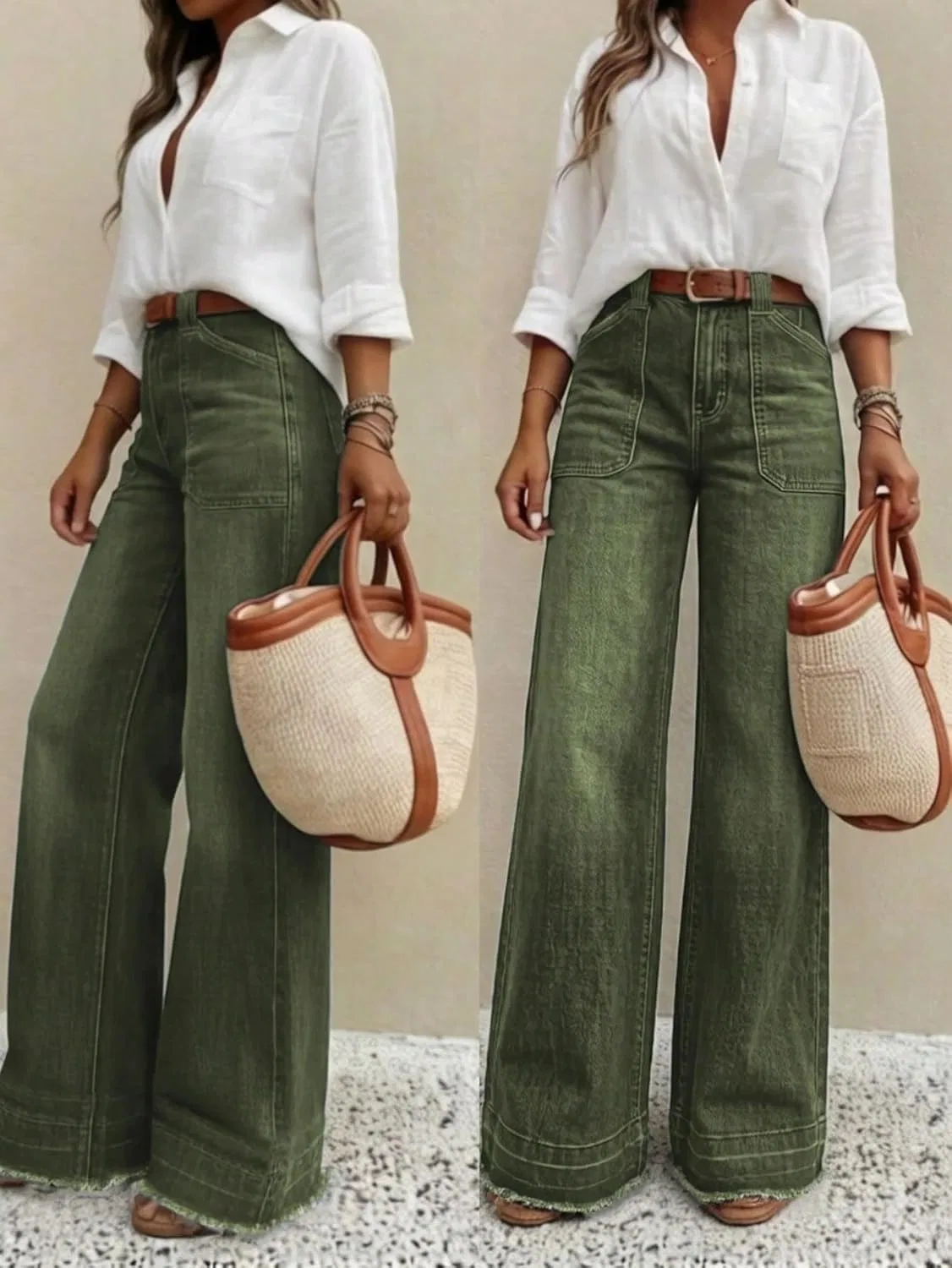 Джинсы свободного кроя, Wide Leg, Army Green — фото 2
