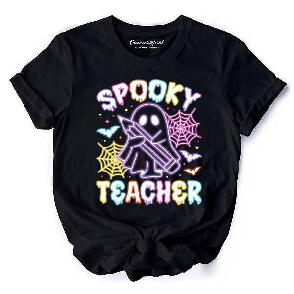 

Футболка Spooky teacher neon ghost, ретро Halloween для учителей Ornamentallyyou, Black