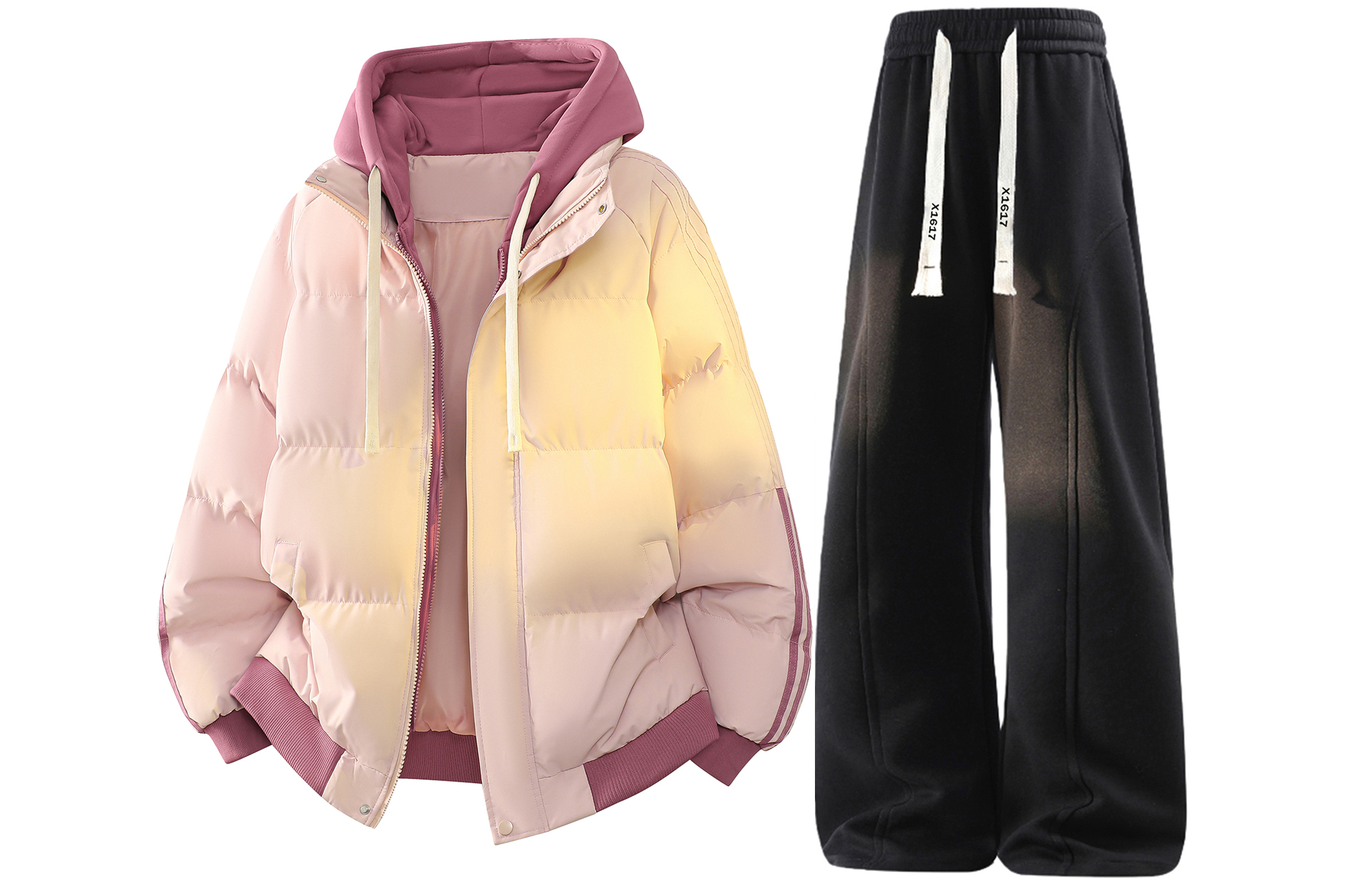 

Толстовка Casual Sportswear утепленная с капюшоном унисекс X1617, розовый puffer jacket+черный fleece-lined pants