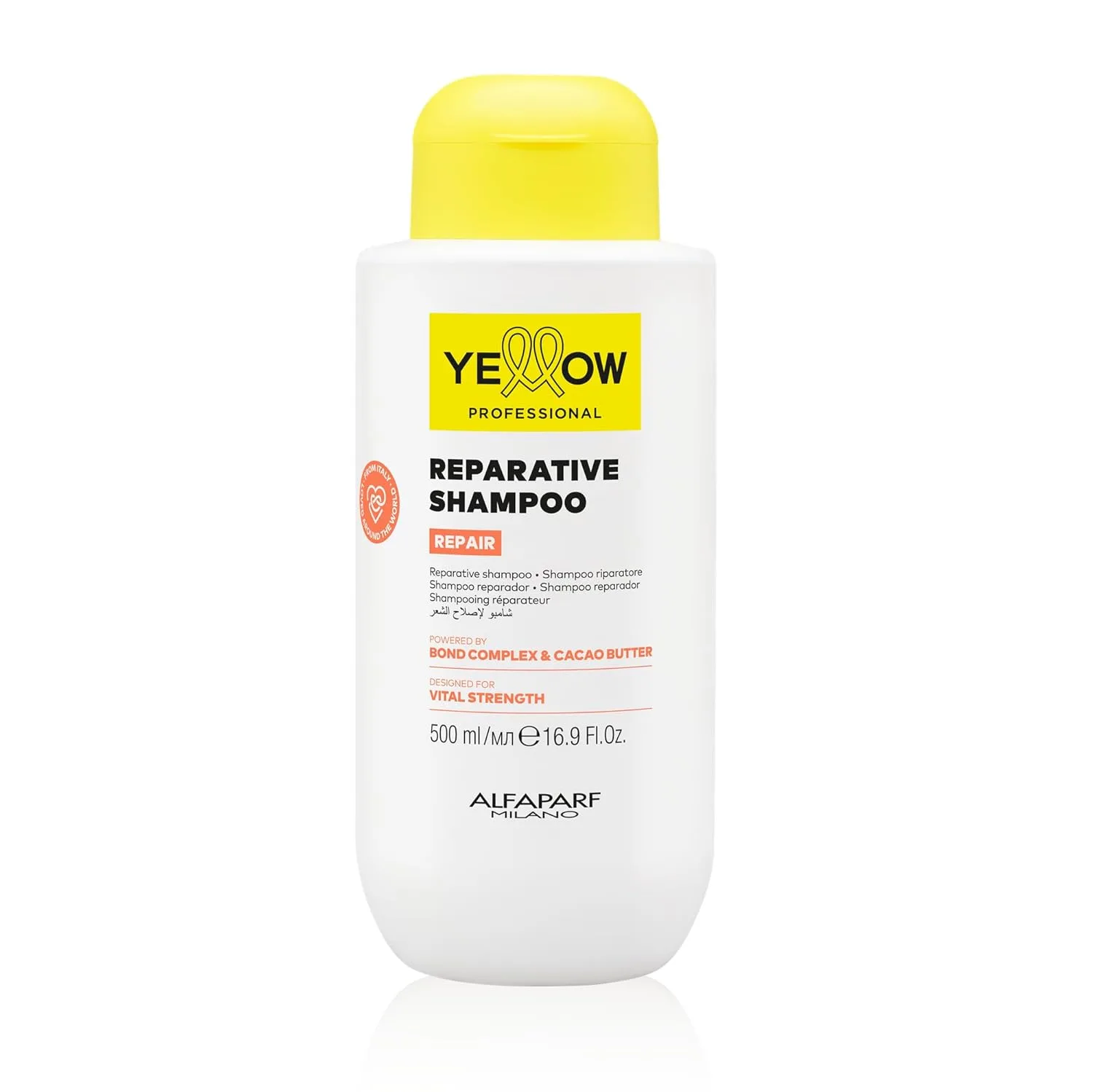 Восстанавливающий шампунь Alfaparf Milano Yellow Professional для поврежденных волос - на основе комплекса для укрепления связей и масла какао - создан для жизненно важной силы. 500 мл (.), Yellow