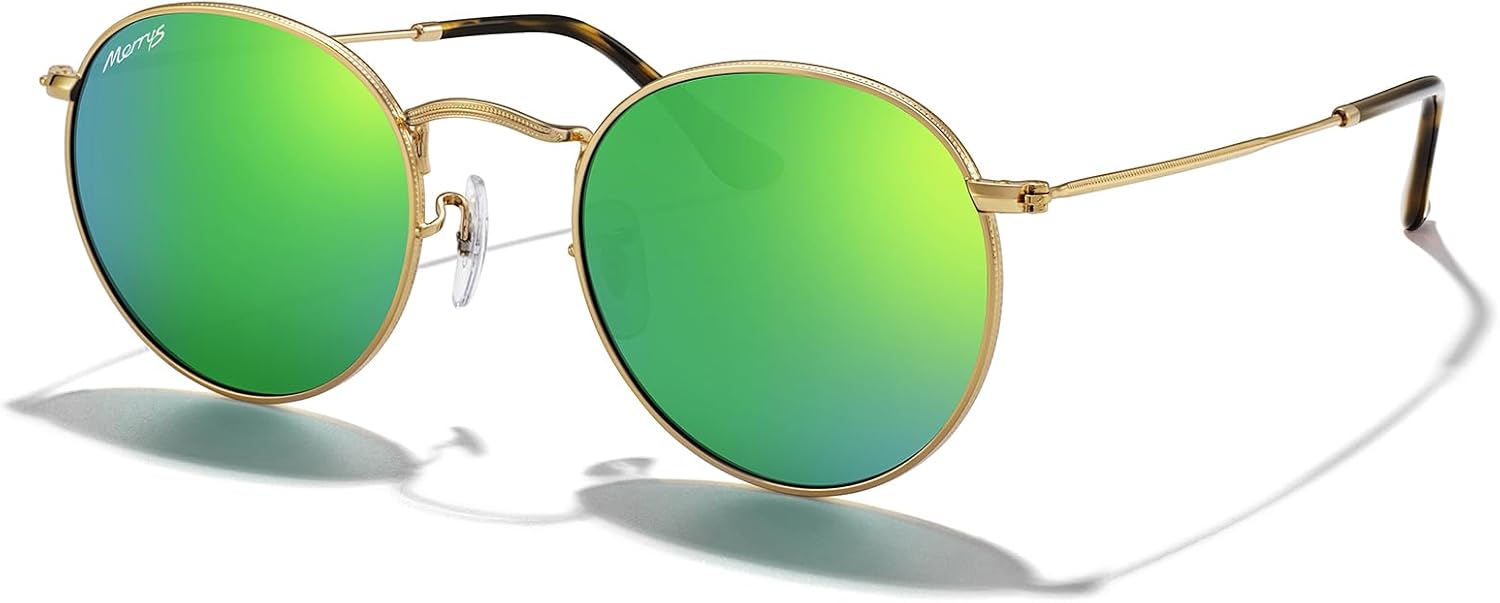 

Модные круглые металлические поляризованные солнцезащитные очки MERRY для женщин и мужчин в стиле ретро, ​​классика и винтаж, модель S6447 MERRY'S, Polished Gold Frame/Green Mirror Lens