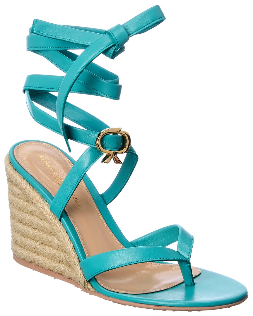Gianvito Rossi Ribbon Beachclub 85 Leather Wedge Sandal, синий