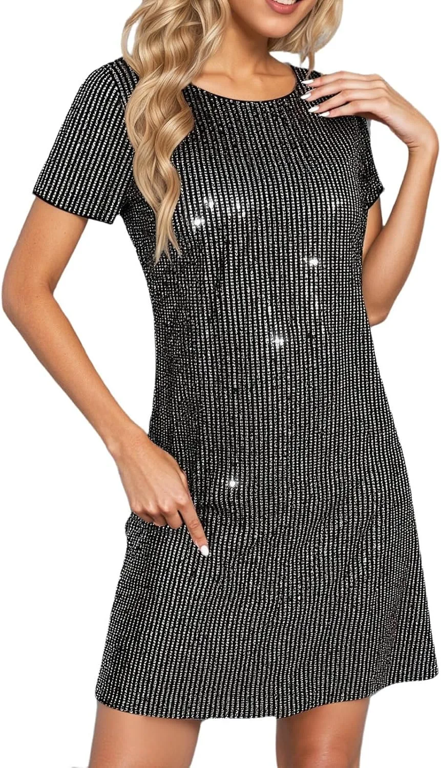 Generic Платье Sequin для женщин с круглым вырезом, коротким рукавом и поясом, блестящее вечернее мини