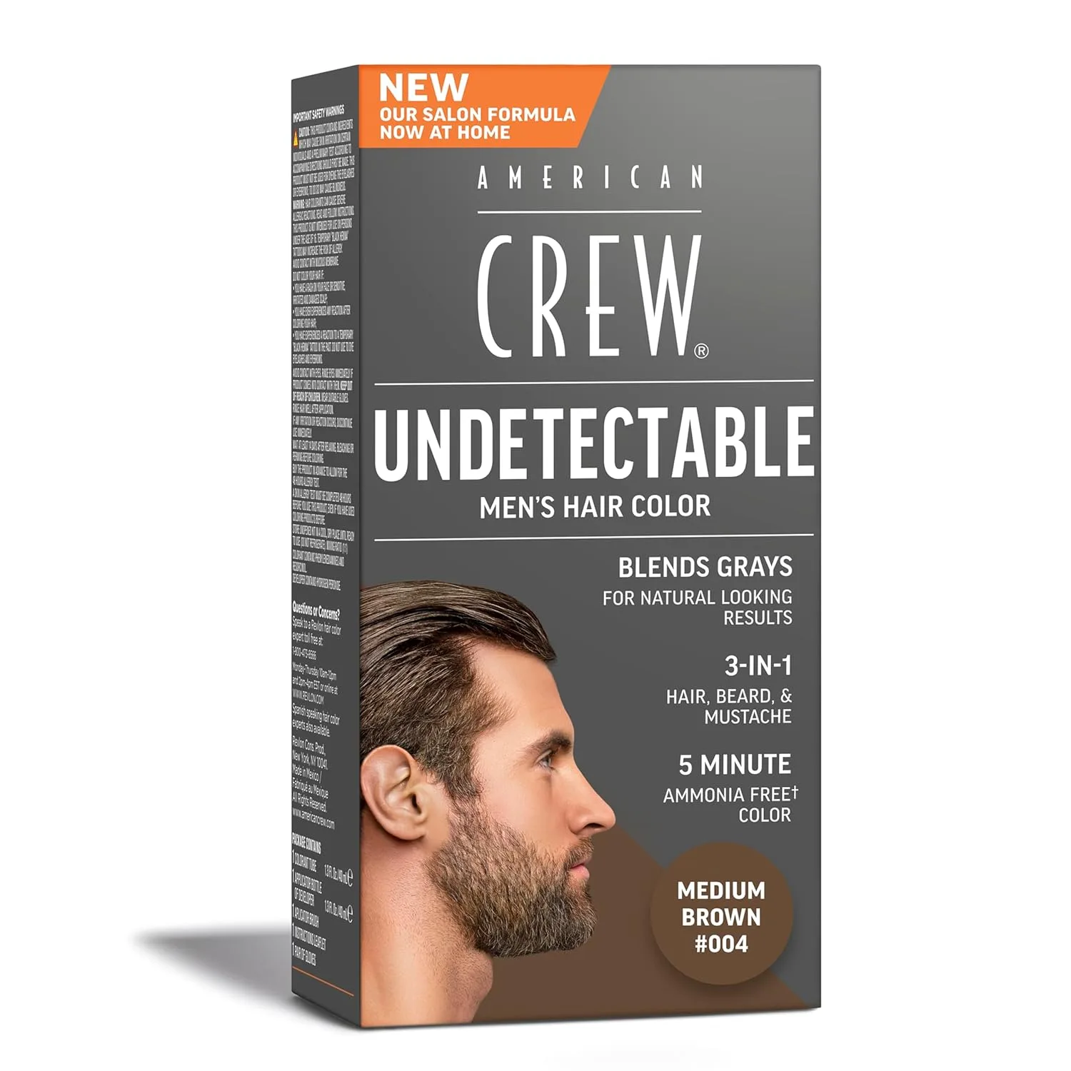Краска для волос American Crew Undetectable для мужчин | Средне-коричневый полуперманентный краситель для волос | Естественное закрашивание седины, оттенок 004 Средне-коричневый, 1 упаковка, 004 Medium Brown
