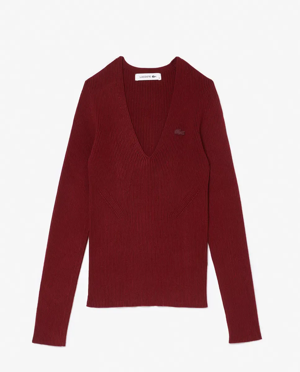 Джемпер Lacoste Рифленый с V-образным вырезом, бордовый — фото 4
