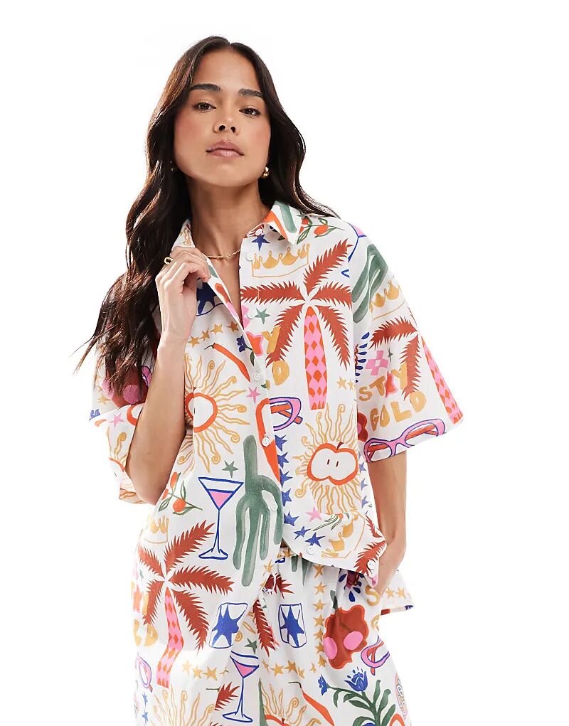 

Рубашка свободного кроя с короткими рукавами ASOS DESIGN из льняного флиса с принтом кактусов — часть комплекта