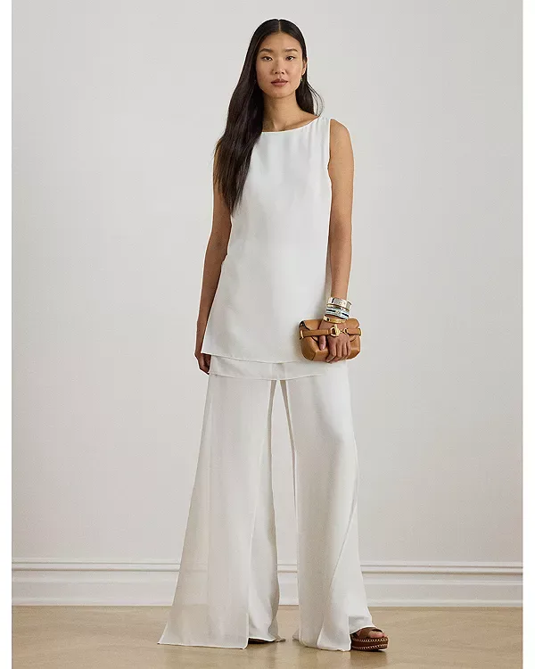 Широкие брюки из жоржета с отделкой из шифона Ralph Lauren, White — фото 2