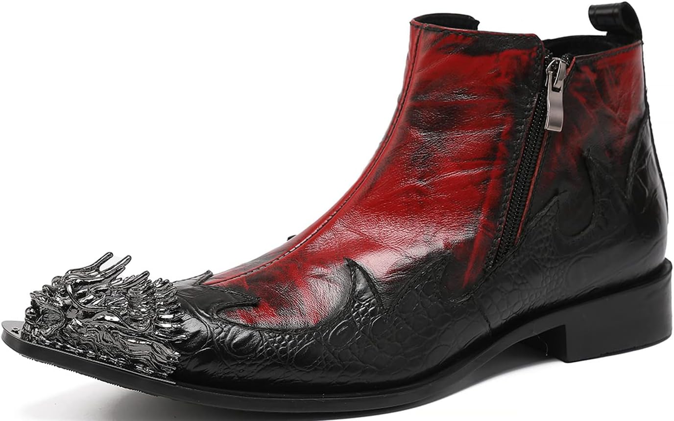 

Мужские ботинки Santimon Chelsea - настоящая кожа, ковбойские ботинки с металлическим крылом дракона на носке и двойной молнией - для торжеств, дискотек и баров, красный