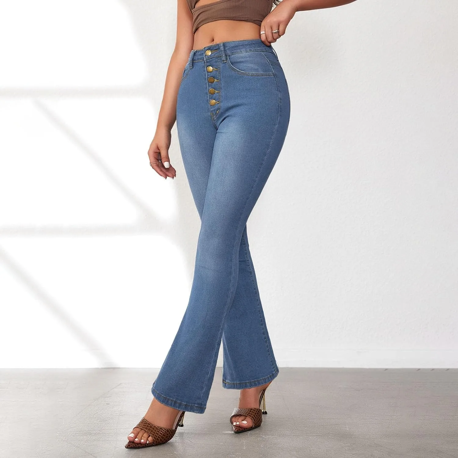 Джинсы High Waisted для женщин Flare Wide Leg с карманом — фото 4