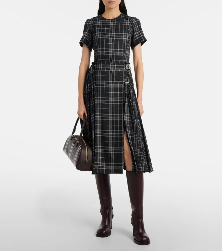 Платье-миди Meryl Burberry в клетку, с кожаной отделкой, серо-черное — фото 2