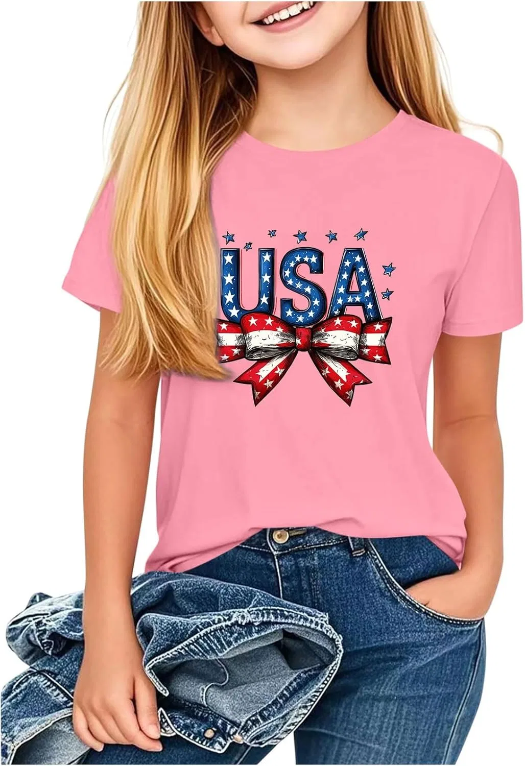 Футболка с принтом USA и бантом, Zzalalana, Pink