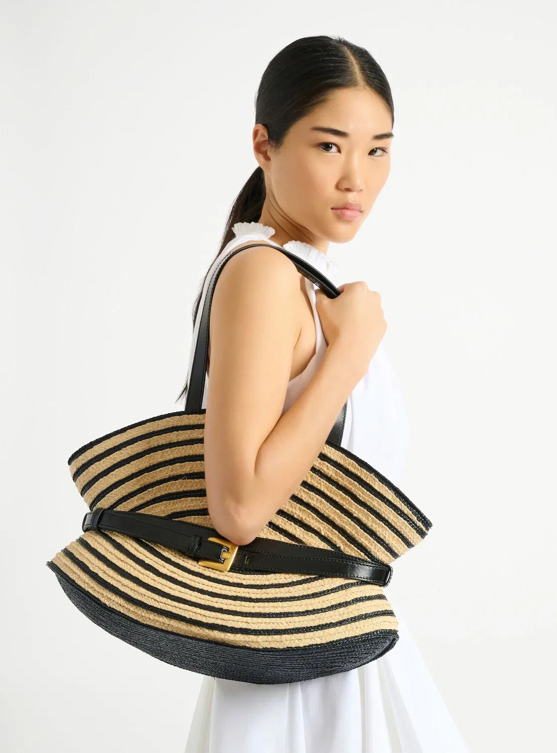 Сумка Medium Shuffle из гладкой кожи и двухцветной рафии BALMAIN, бежевый — фото 2