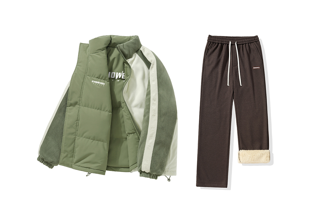 

KNOW EVERY Пуховик Unisex, Olive Green+Sherpa Waffle Knit Pants Coffee