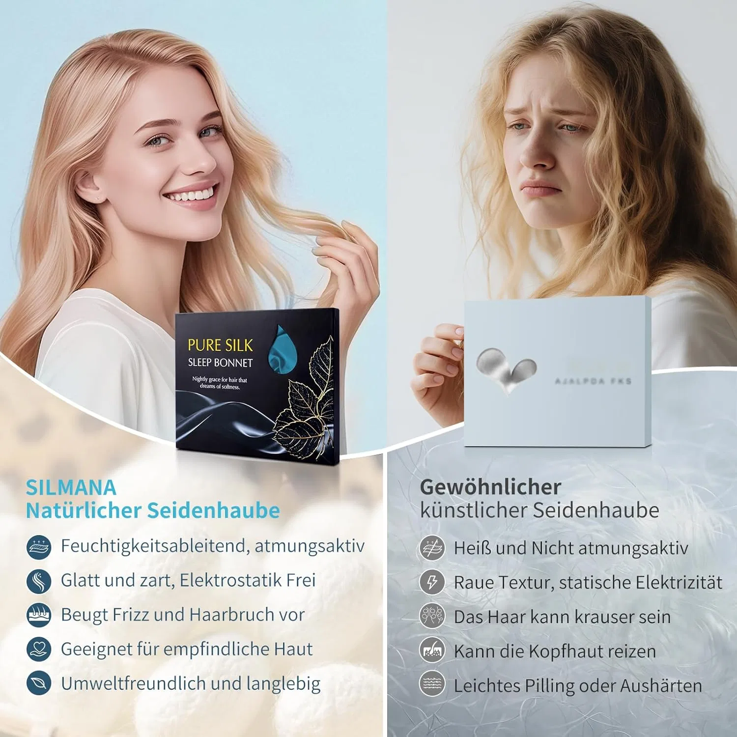 Шелковая шапочка для сна из 100% тутового шелка 22 момме от Silmana Silmana, Peacock Blue — фото 3
