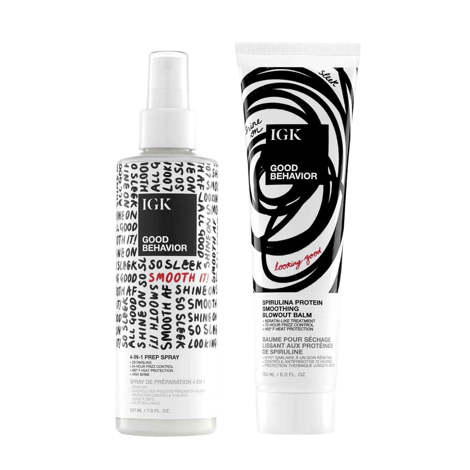 IGK Good Behavior 4-in-1 Prep Spray + Good Behavior Spirulina Protein Smoothing Blowout Balm - дуэт для подготовки и разглаживания волос против пушистости, для блеска и послушности - Vegan & Cruelty-Free